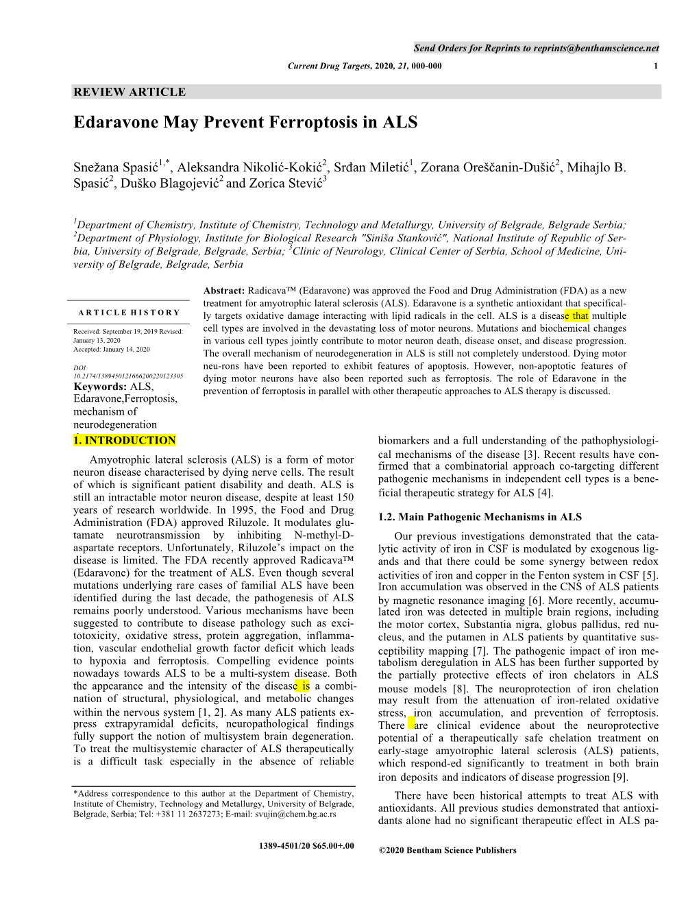 Edaravone May Prevent Ferroptosis in ALS