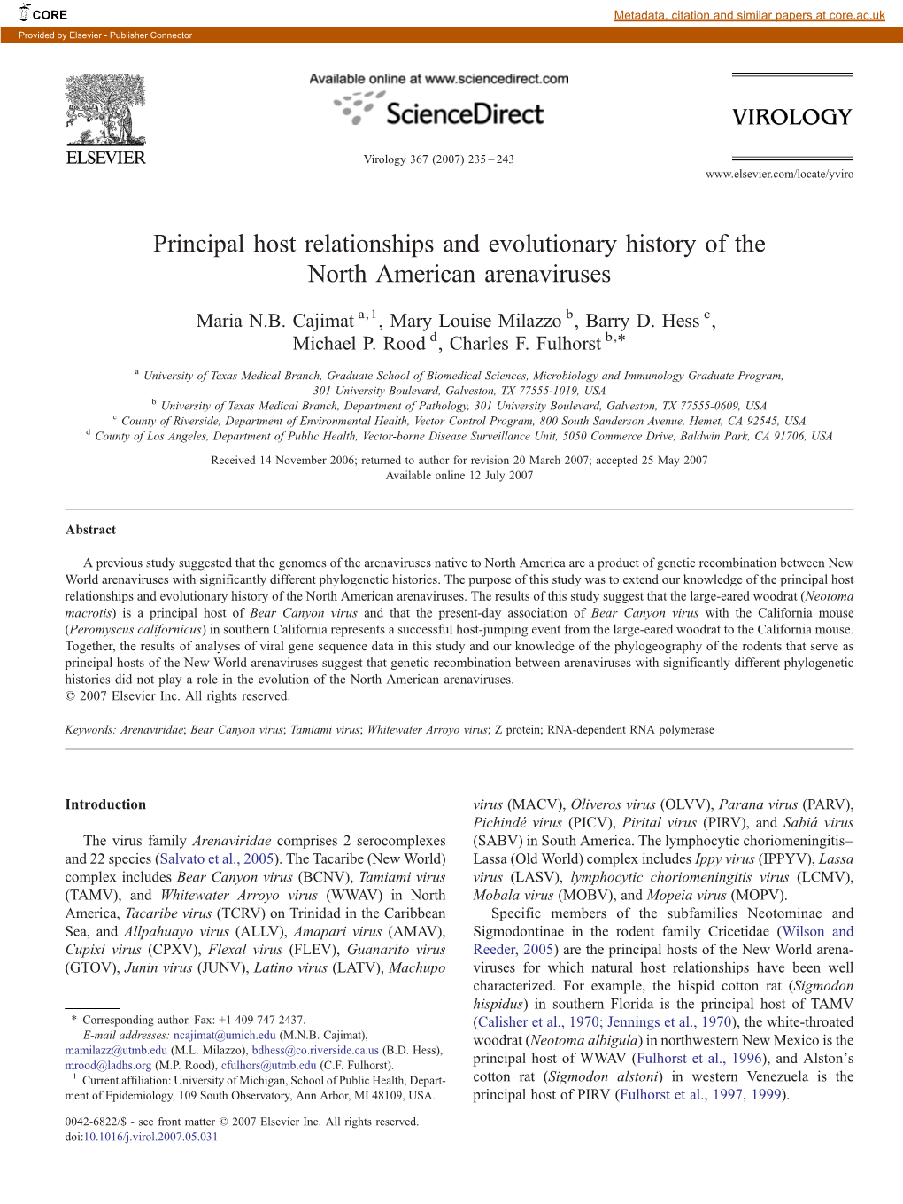 Principal Host Relationships and Evolutionary History of the North American Arenaviruses