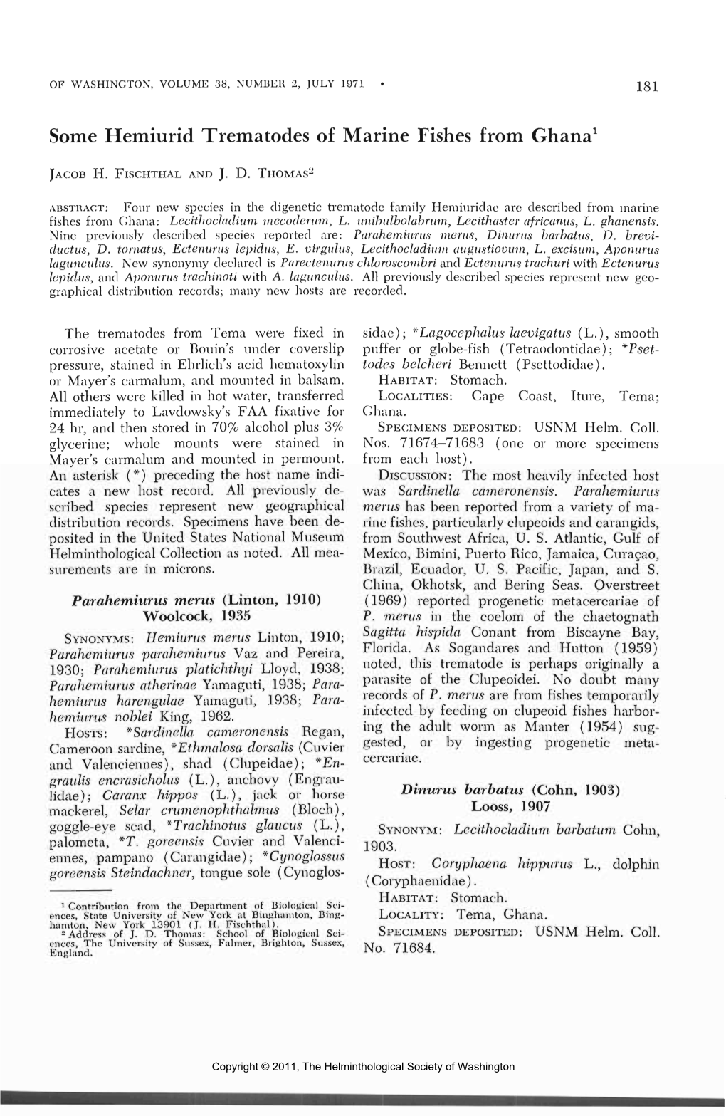 Some Hemiurid Trematodes of Marine Fishes from Ghana1