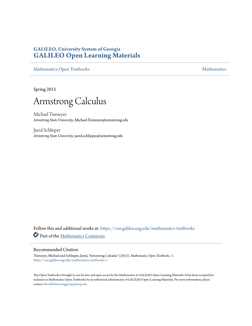 Armstrong Calculus Michael Tiemeyer Armstrong State University, Michael.Tiemeyer@Armstrong.Edu