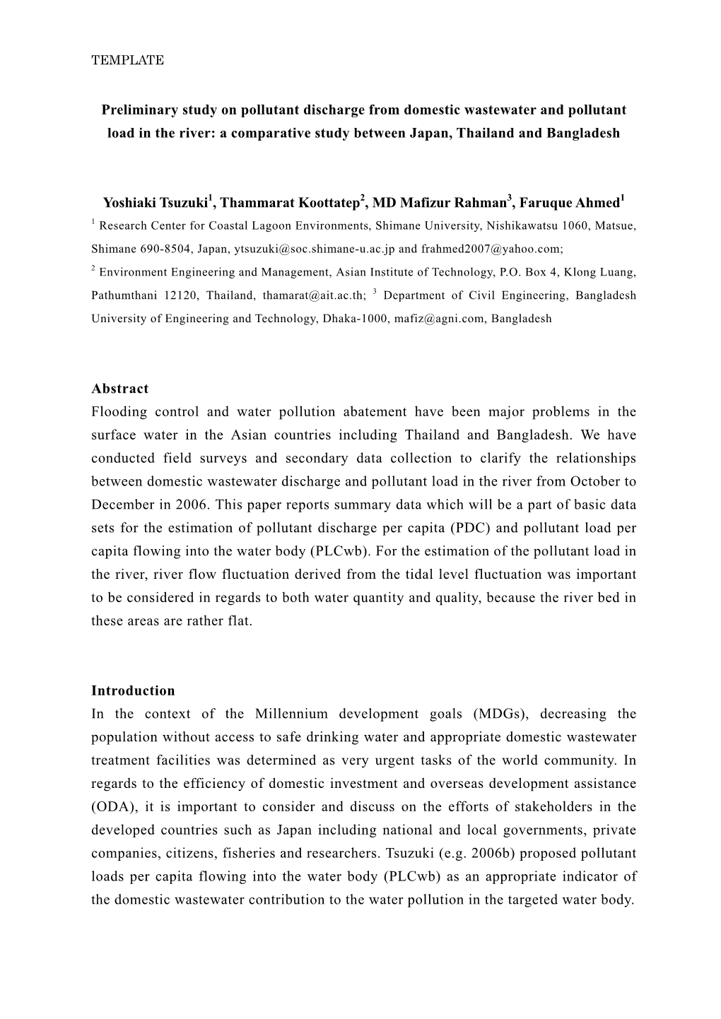 Preliminary Study on Pollutant Discharge from Domestic Wastewater and Pollutant Load in the River: a Comparative Study Between Japan, Thailand and Bangladesh