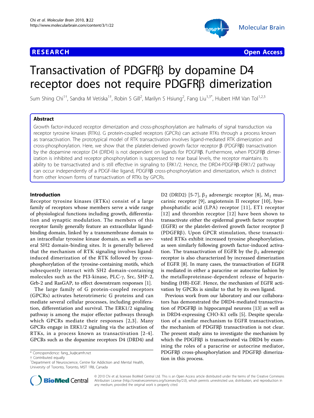 Transactivation of Pdgfrb by Dopamine D4 Receptor Does Not