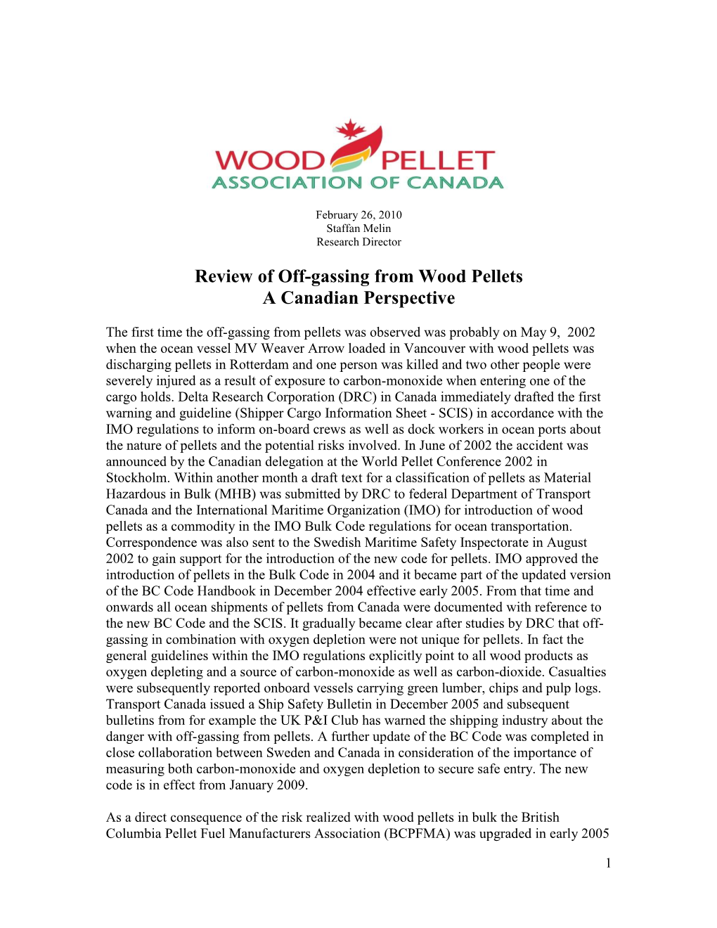 Review of Off-Gassing from Wood Pellets a Canadian Perspective