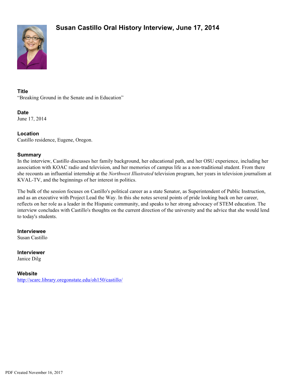 Susan Castillo Oral History Interview, “Breaking Ground in the Senate and in Education”, June 17, 2014 Page 2 of 10