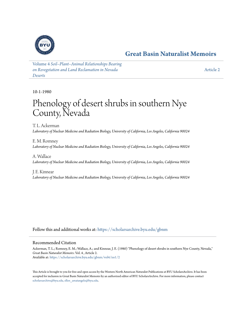 Phenology of Desert Shrubs in Southern Nye County, Nevada T