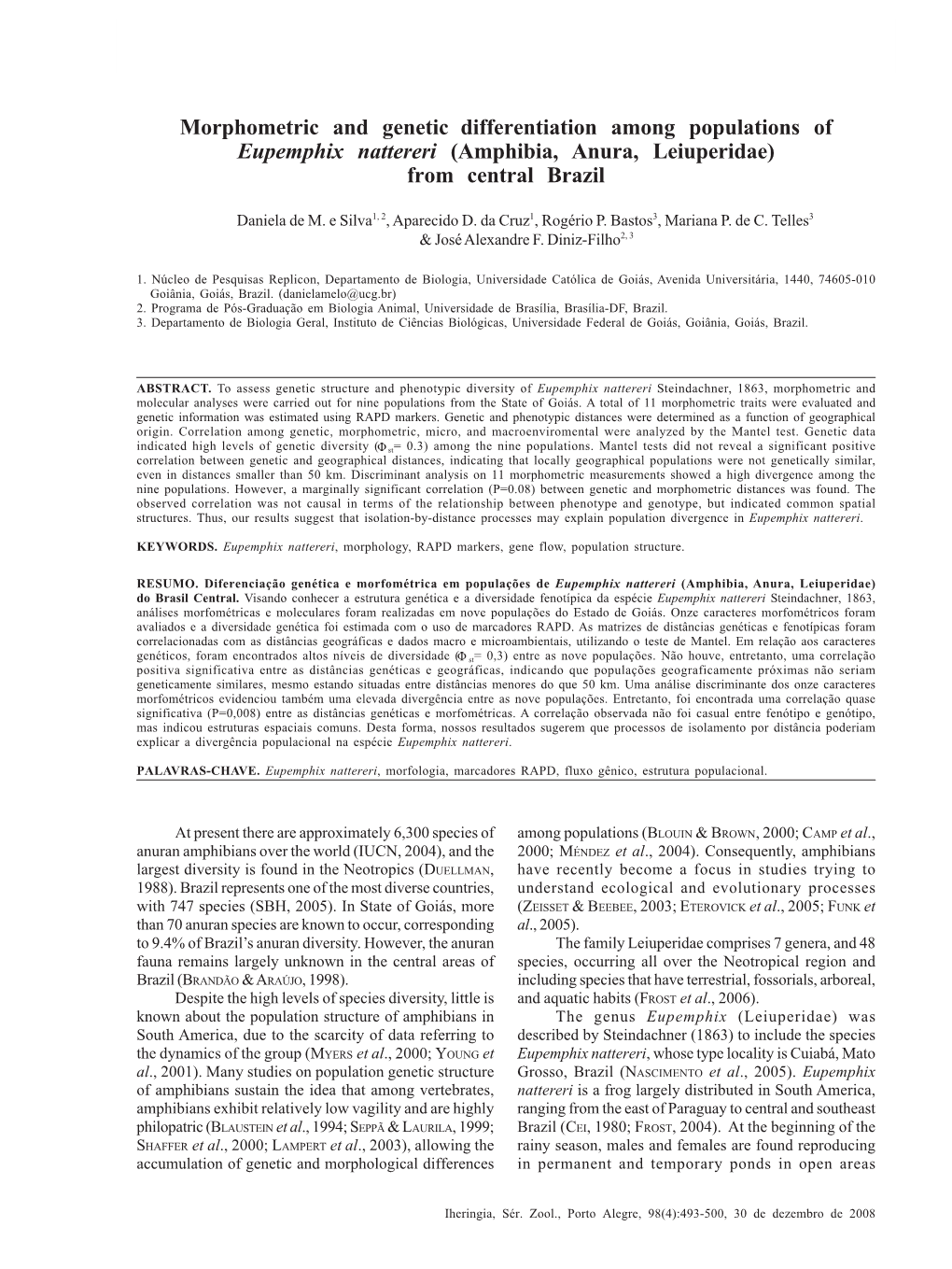 Morphometric and Genetic Differentiation Among Populations of Eupemphix Nattereri (Amphibia, Anura, Leiuperidae) from Central Brazil