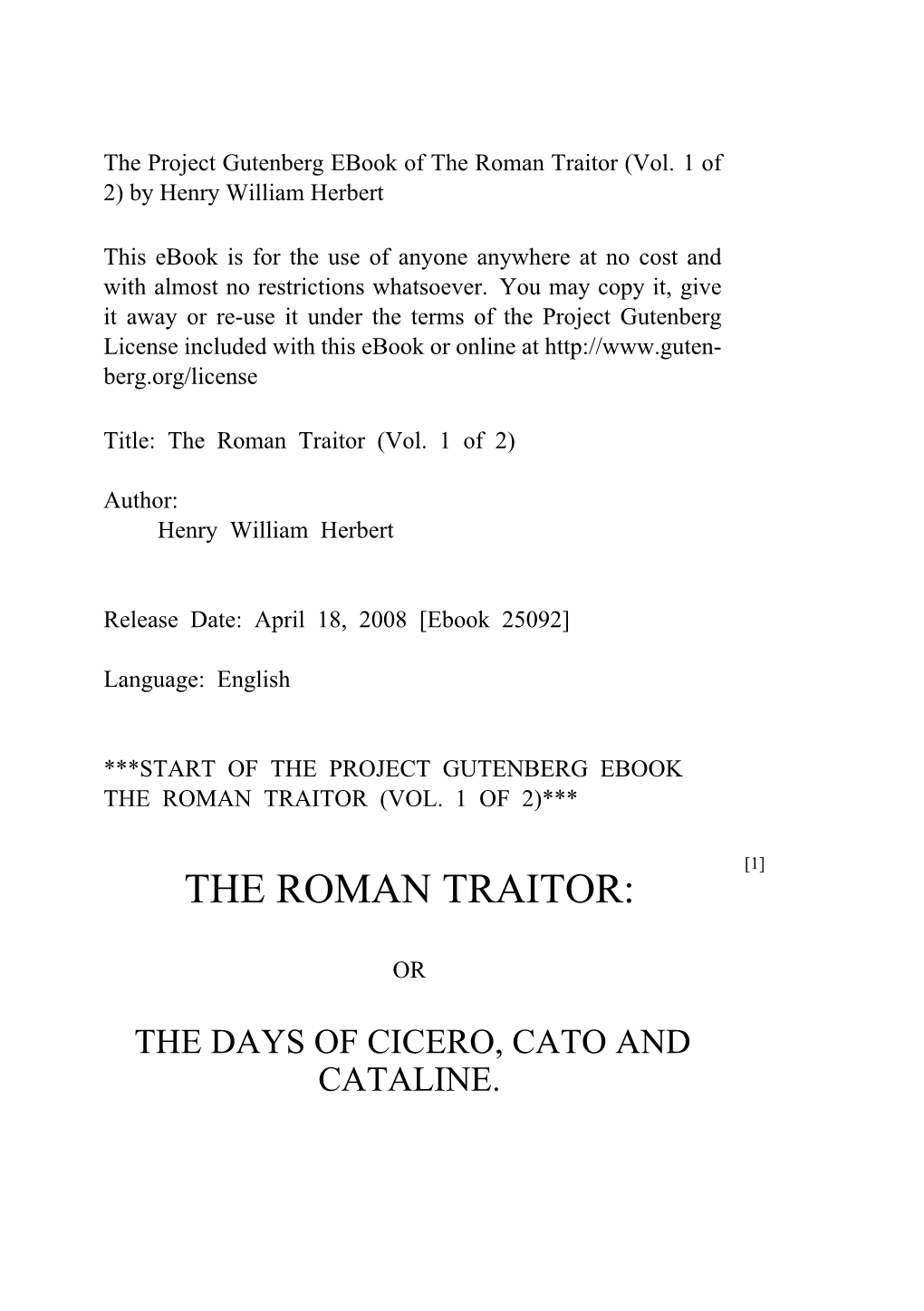 The Roman Traitor (Vol. 1 of 2) by Henry William Herbert