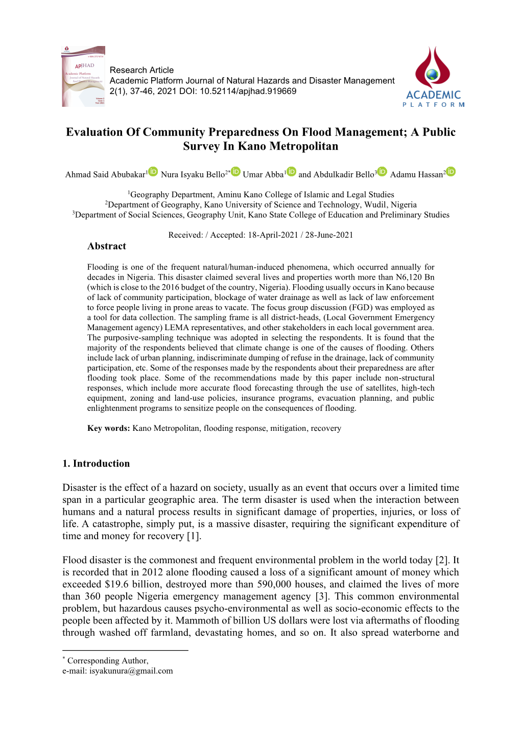 Evaluation of Community Preparedness on Flood Management; a Public Survey in Kano Metropolitan