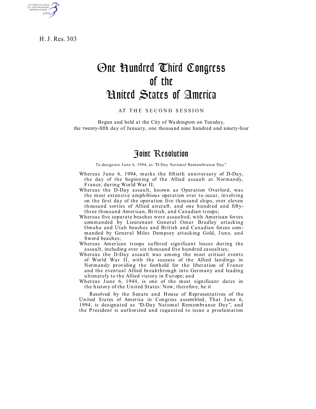 One Hundred Third Congress of the United States of America