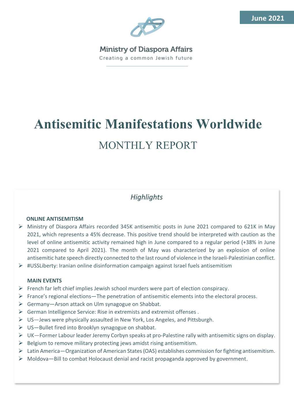 Antisemitic Manifestations Worldwide MONTHLY REPORT