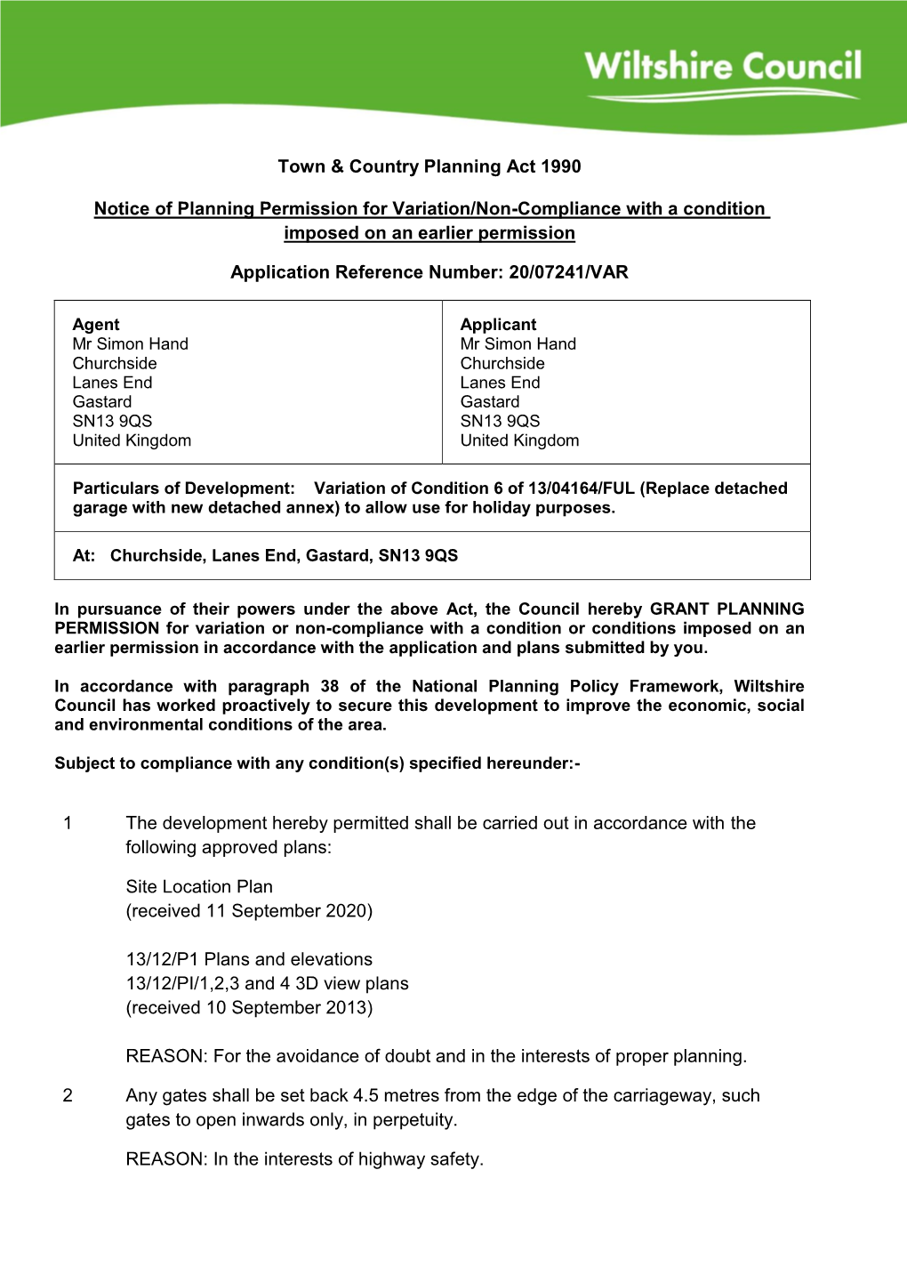 Town & Country Planning Act 1990 Notice of Planning Permission For