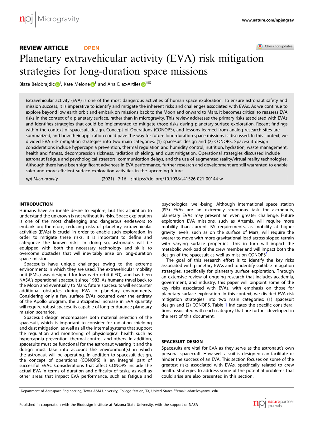 (EVA) Risk Mitigation Strategies for Long-Duration Space Missions ✉ Blaze Belobrajdic 1, Kate Melone 1 and Ana Diaz-Artiles 1