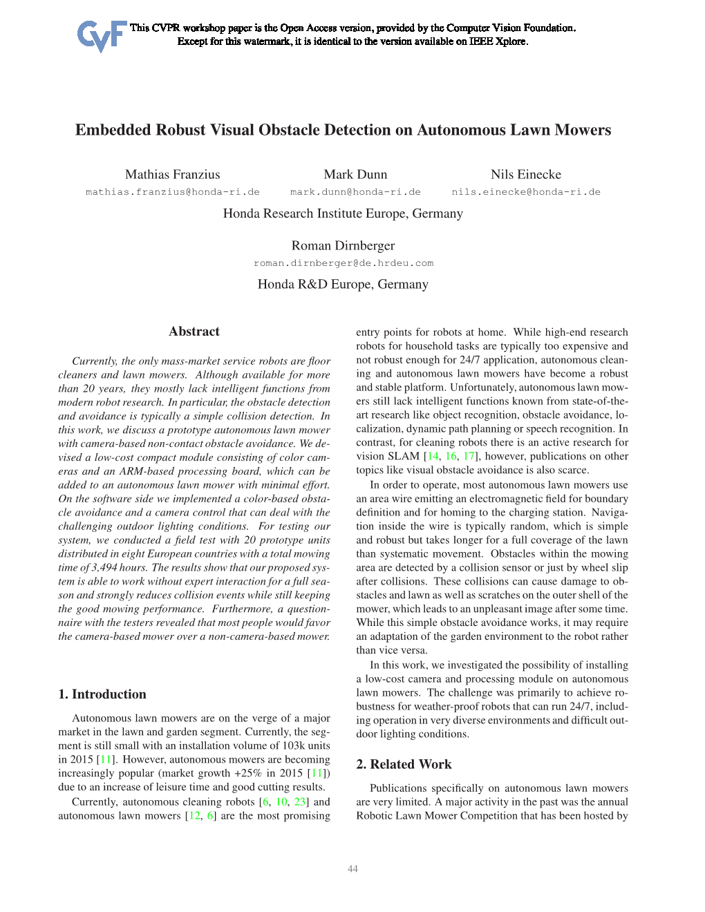 Embedded Robust Visual Obstacle Detection on Autonomous Lawn Mowers