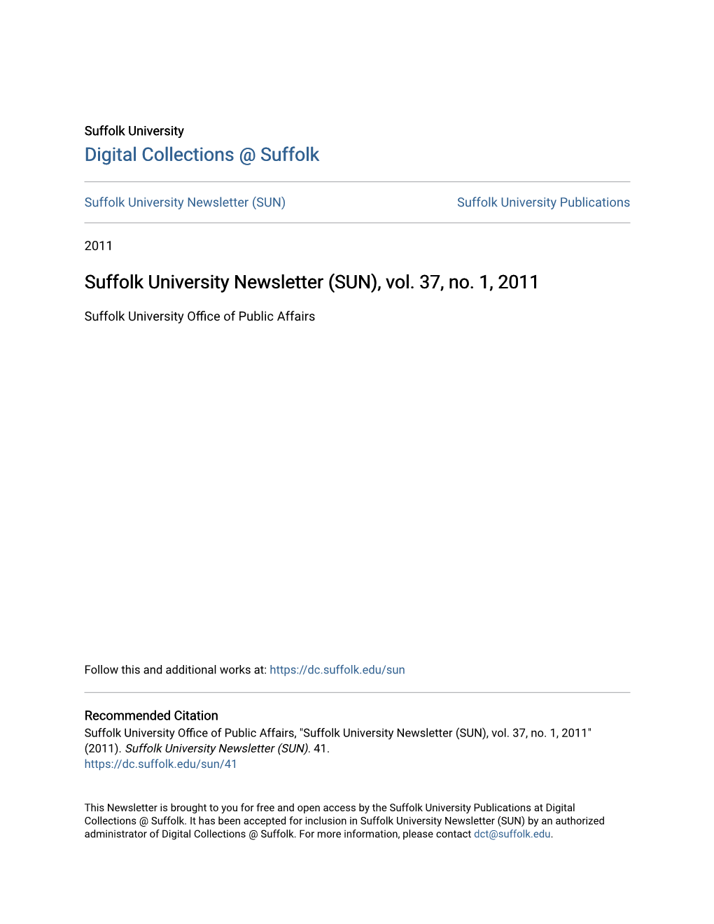 Suffolk University Newsletter (SUN), Vol. 37, No. 1, 2011