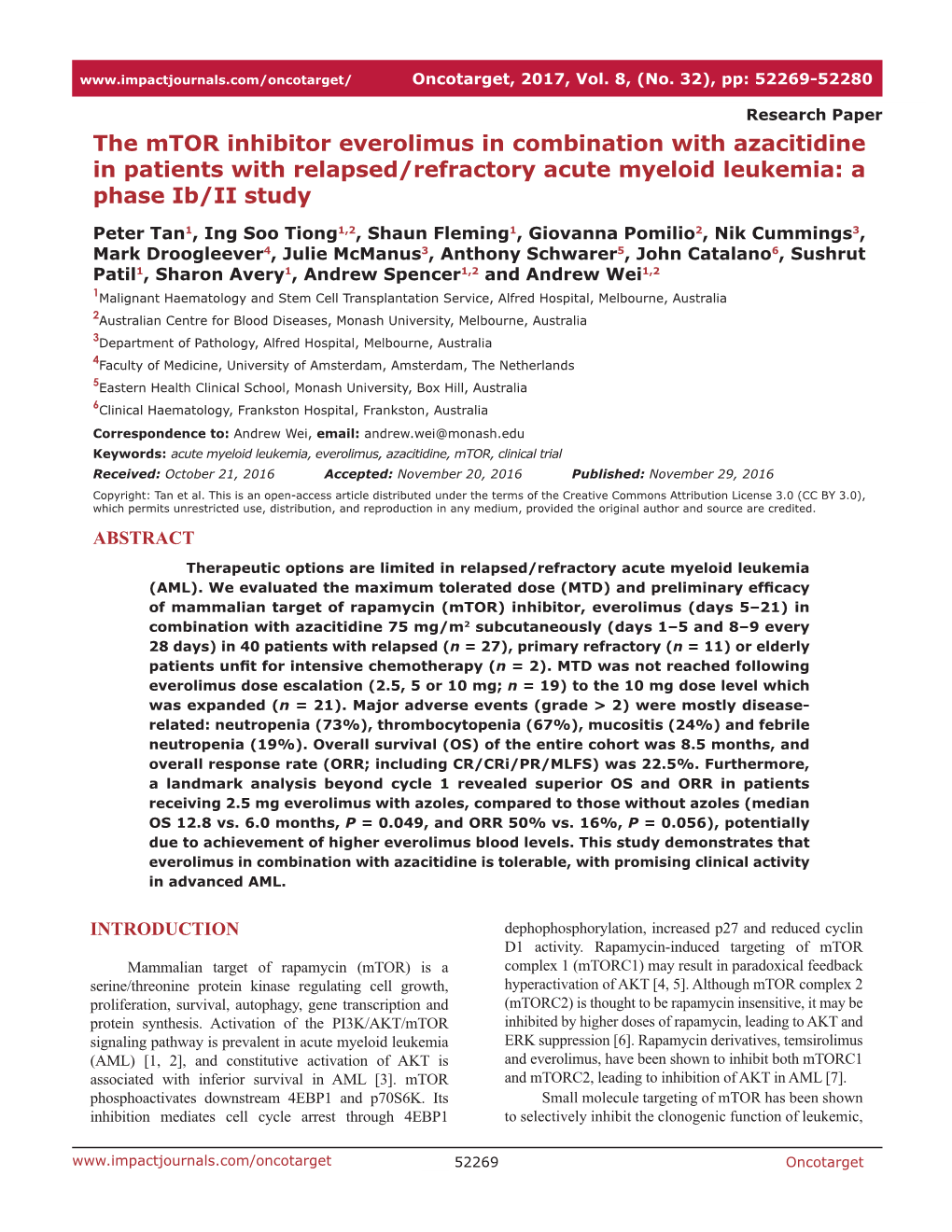 The Mtor Inhibitor Everolimus in Combination with Azacitidine in Patients with Relapsed/Refractory Acute Myeloid Leukemia: a Phase Ib/II Study