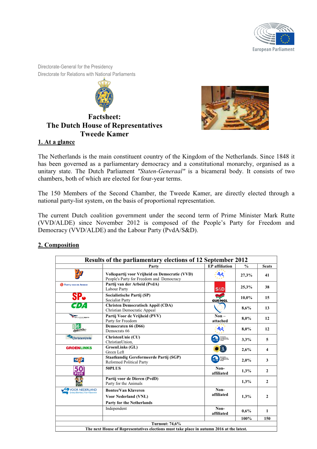 Factsheet: the Dutch House of Representatives Tweede Kamer 1