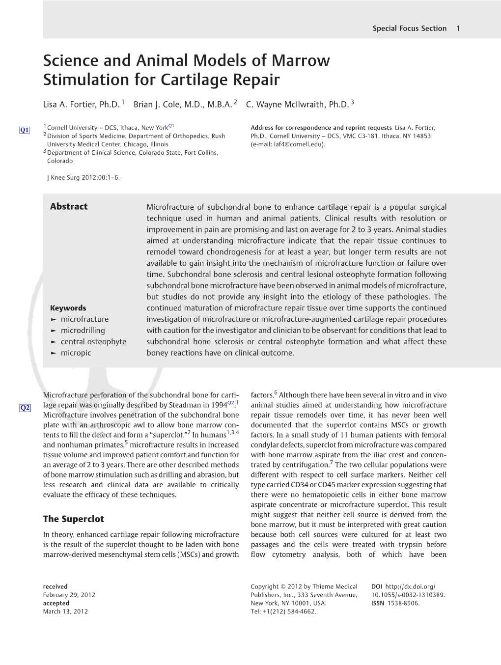 Science and Animal Models of Marrow Stimulation for Cartilage Repair