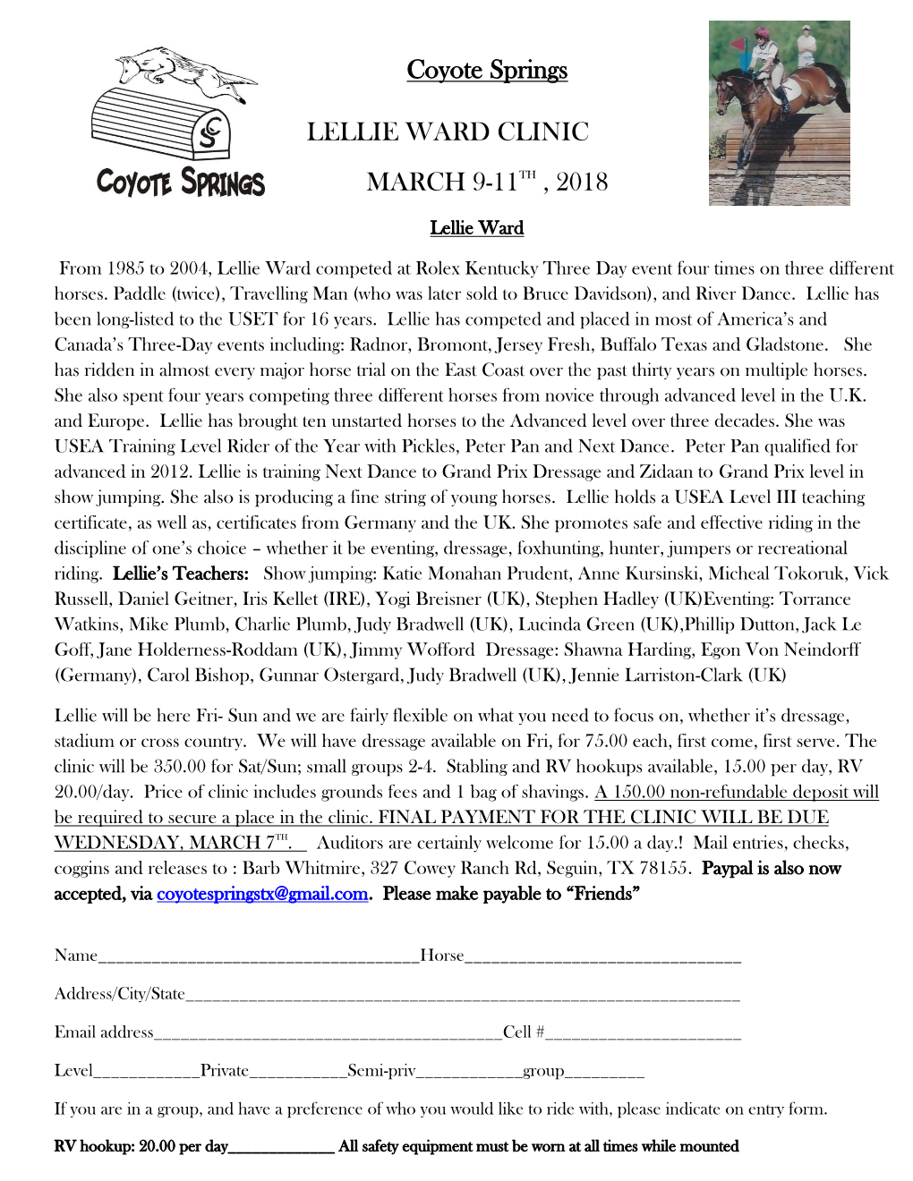 Coyote Springs LELLIE WARD CLINIC MARCH 9-11TH , 2018