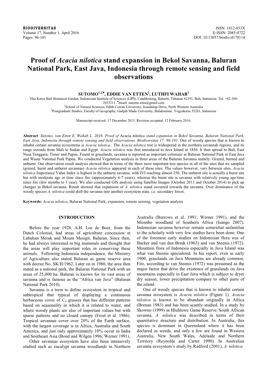 Proof of Acacia Nilotica Stand Expansion in Bekol Savanna, Baluran National Park, East Java, Indonesia Through Remote Sensing and Field Observations