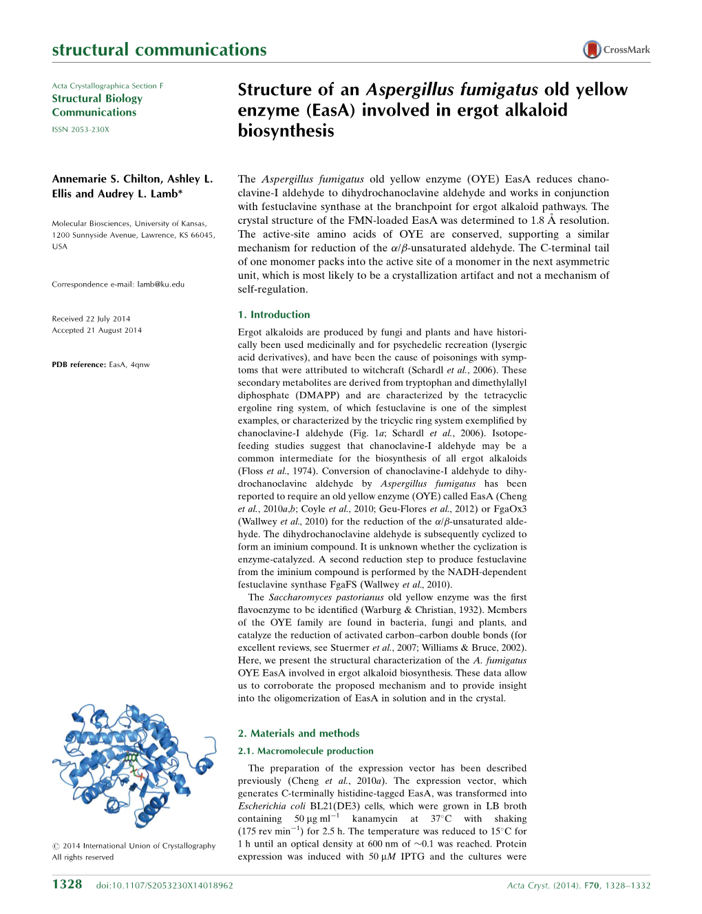 Structure of an Aspergillus Fumigatus Old Yellow Communications Enzyme (Easa) Involved in Ergot Alkaloid ISSN 2053-230X Biosynthesis