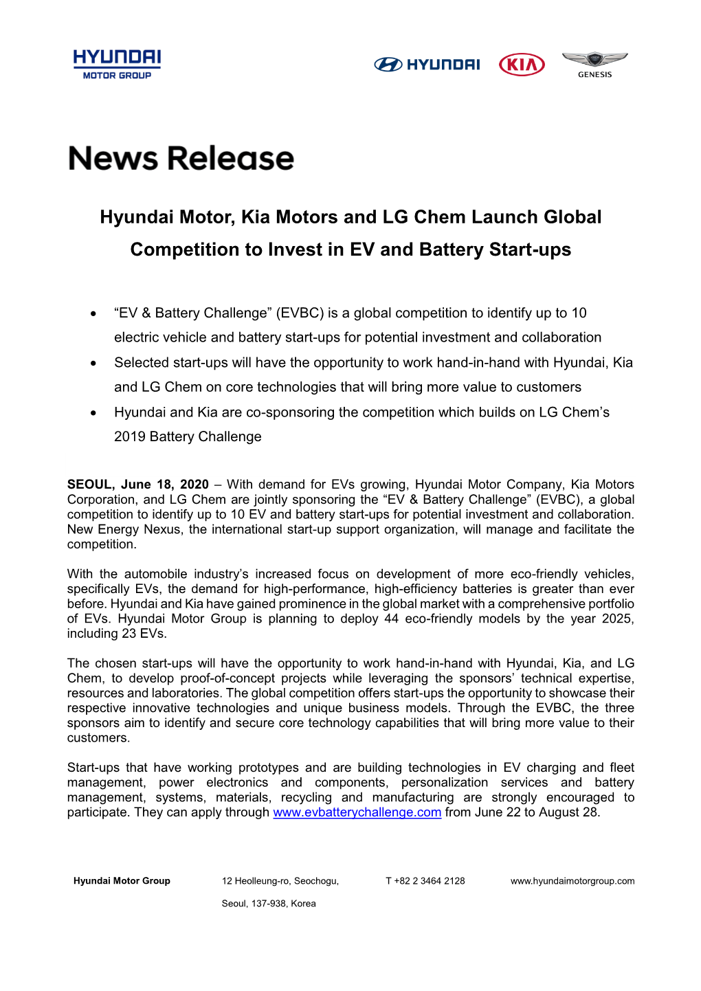 Hyundai Motor, Kia Motors and LG Chem Launch Global Competition to Invest in EV and Battery Start-Ups