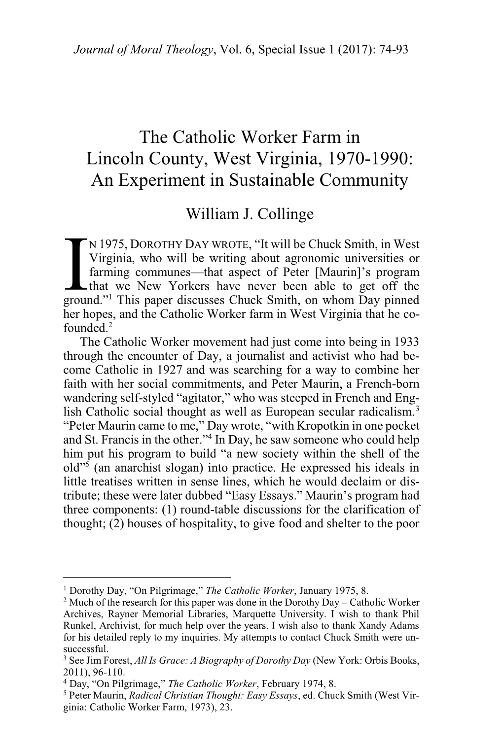 The Catholic Worker Farm in Lincoln County, West Virginia, 1970-1990: an Experiment in Sustainable Community