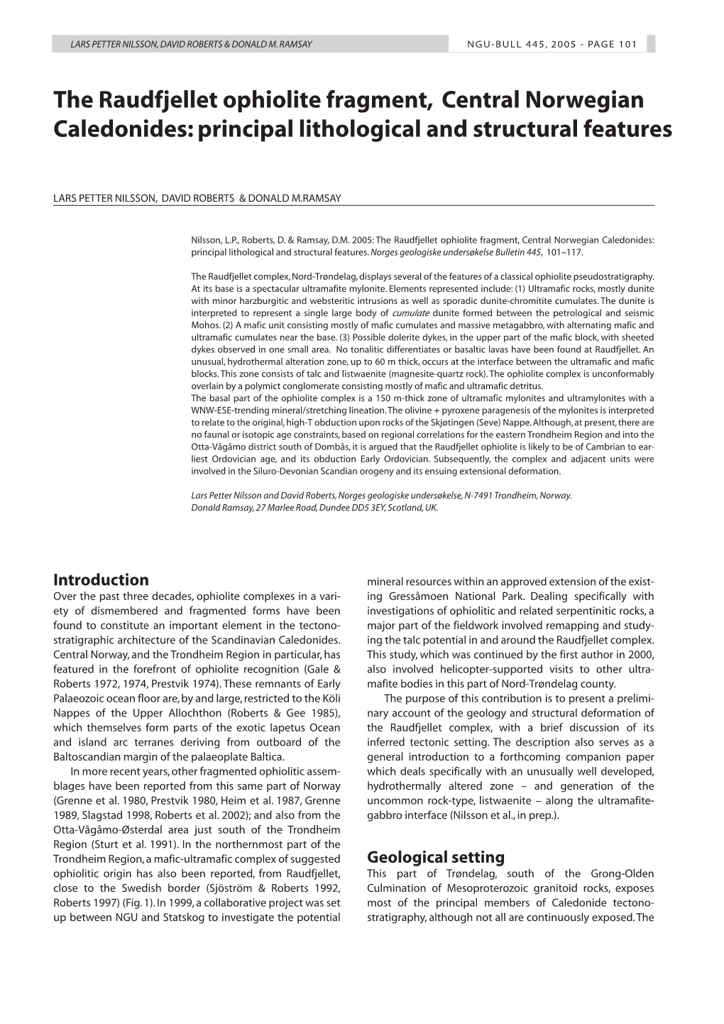 The Raudfjellet Ophiolite Fragment, Central Norwegian Caledonides: Principal Lithological and Structural Features