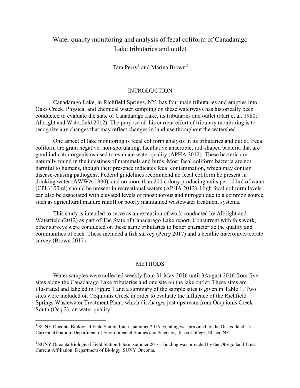 Water Quality Monitoring and Analysis of Fecal Coliform of Canadarago Lake Tributaries and Outlet