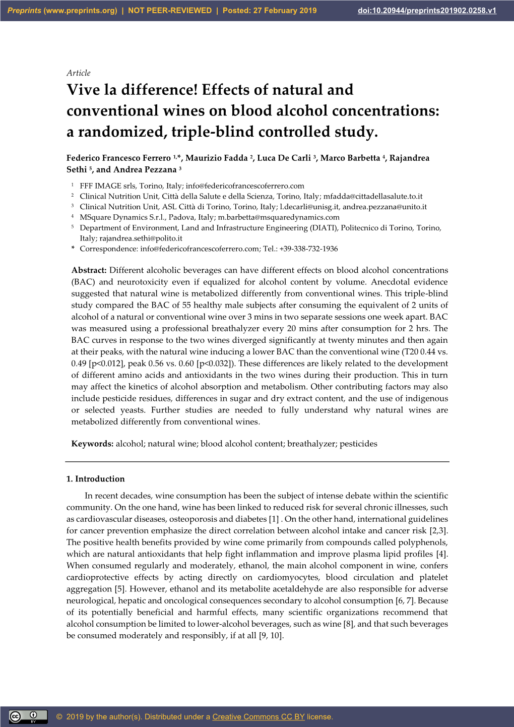 Effects of Natural and Conventional Wines on Blood Alcohol Concentrations: a Randomized, Triple-Blind Controlled Study