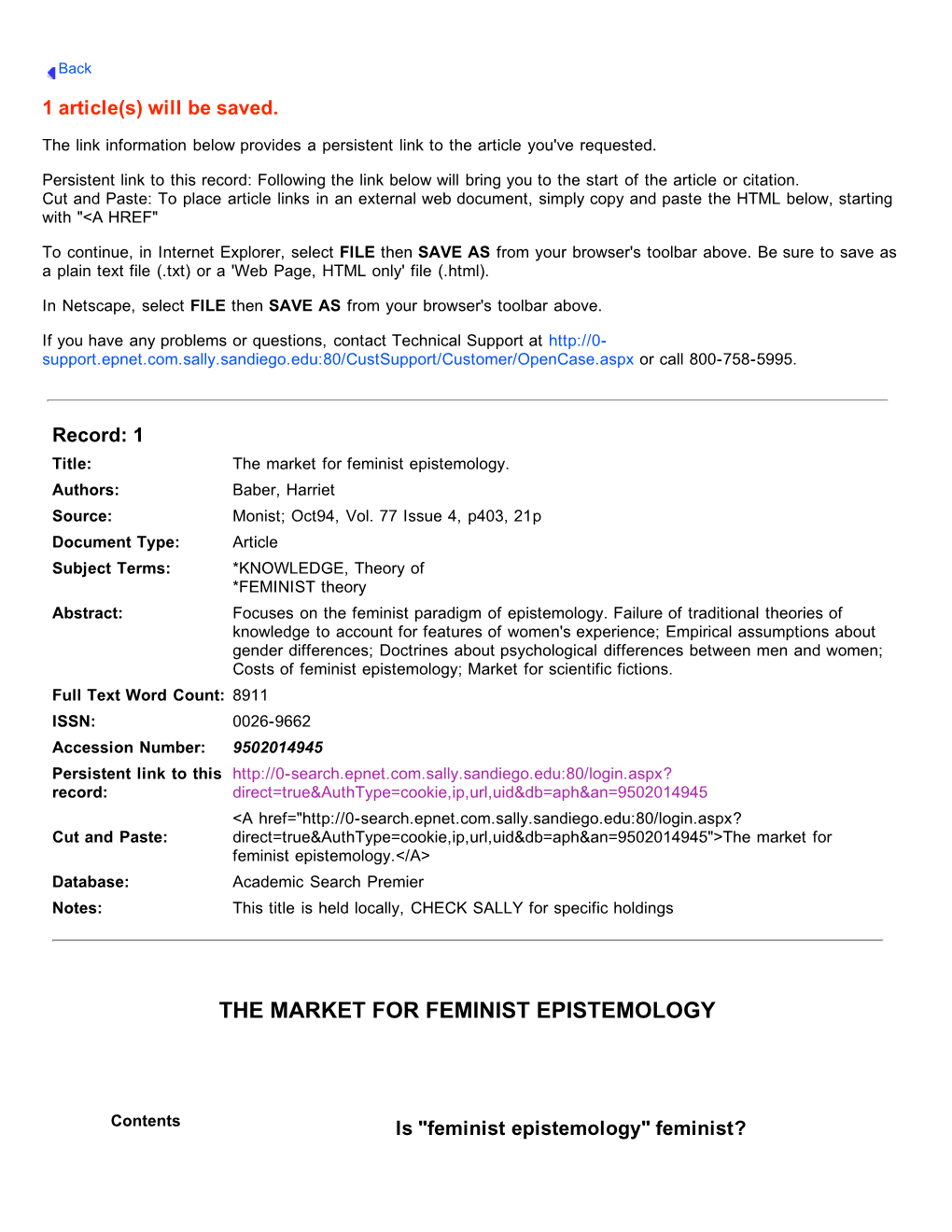 The Market for Feminist Epistemology