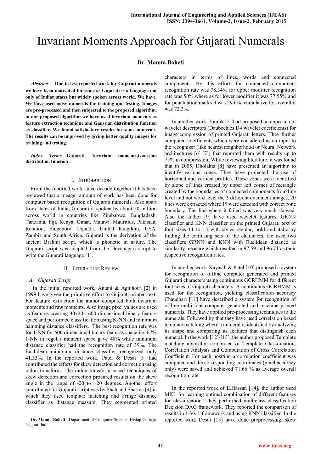 Invariant Moments Approach for Gujarati Numerals