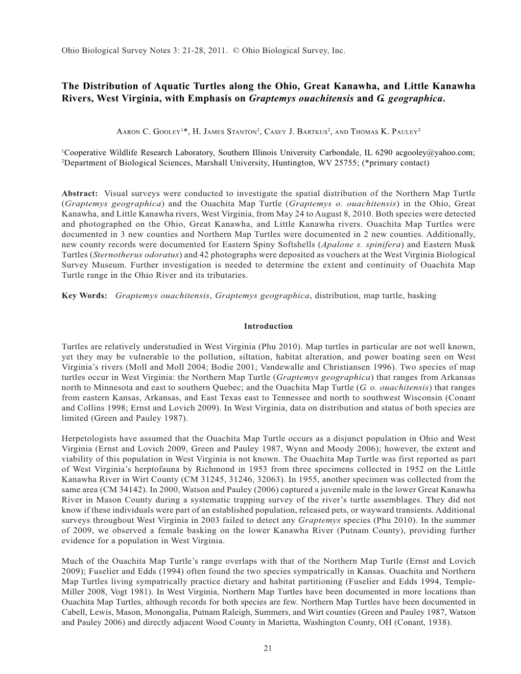 The Distribution of Aquatic Turtles Along the Ohio, Great Kanawha, and Little Kanawha Rivers, West Virginia, with Emphasis on Graptemys Ouachitensis and G