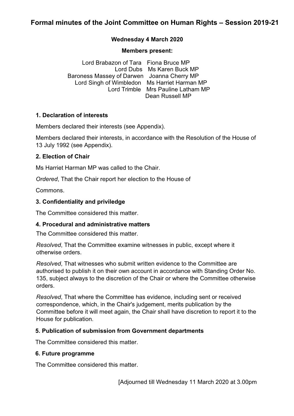 Formal Minutes of the Joint Committee on Human Rights – Session 2019-21