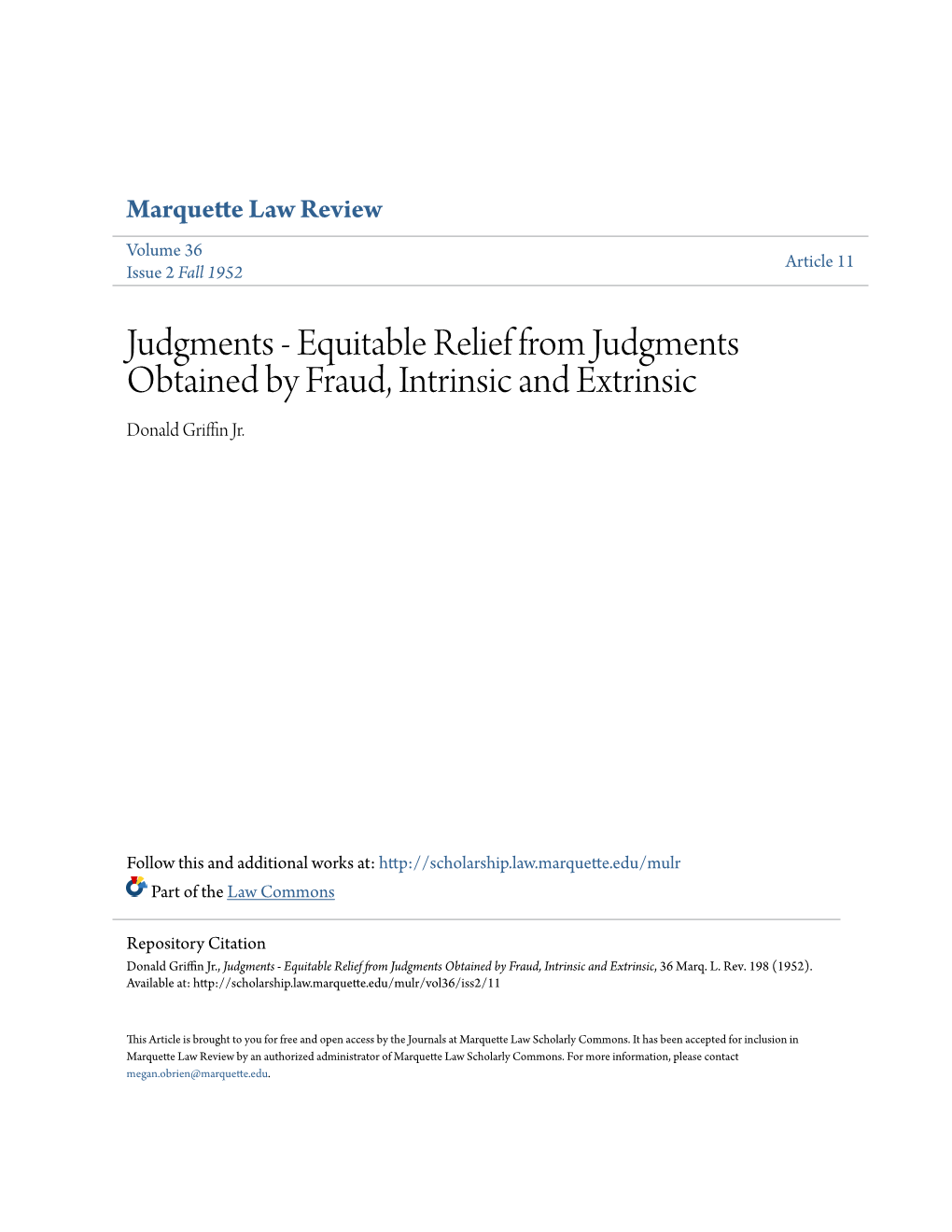 Equitable Relief from Judgments Obtained by Fraud, Intrinsic and Extrinsic Donald Griffinr J