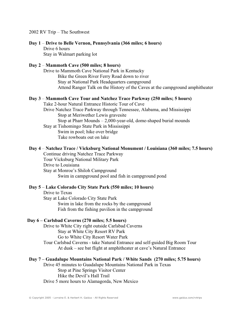 Cross Country 2002 Itinerary.Pdf