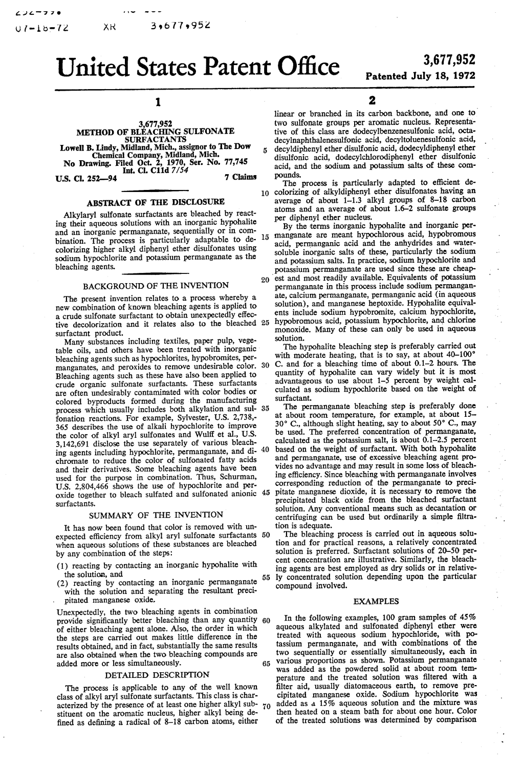 United States Patent Office Patented July 18, 1972 2 Linear Or Branched in Its Carbon Backbone, and One to 3,677,952 Two Sulfonate Groups Per Aromatic Nucleus