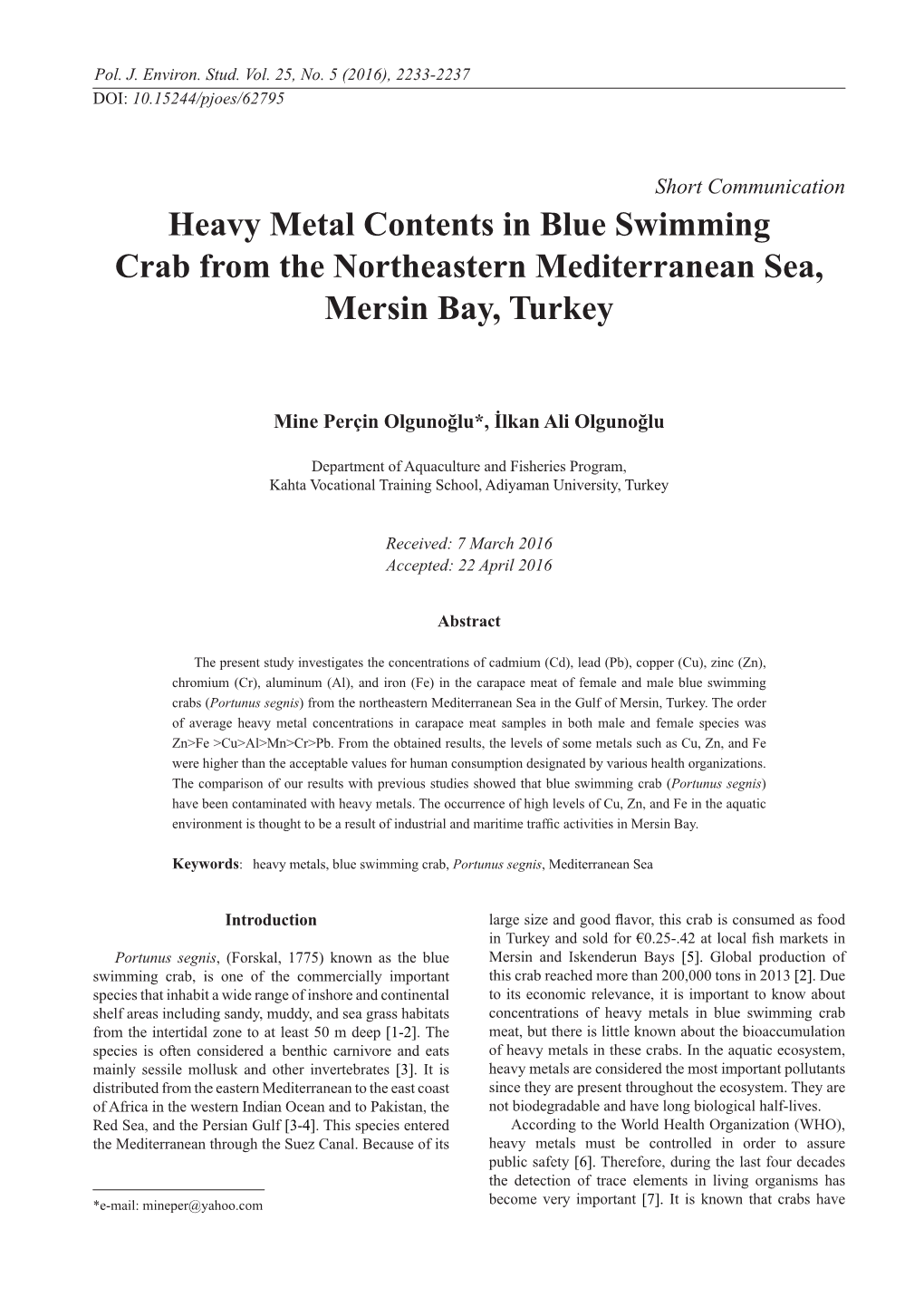 Heavy Metal Contents in Blue Swimming Crab from the Northeastern Mediterranean Sea, Mersin Bay, Turkey