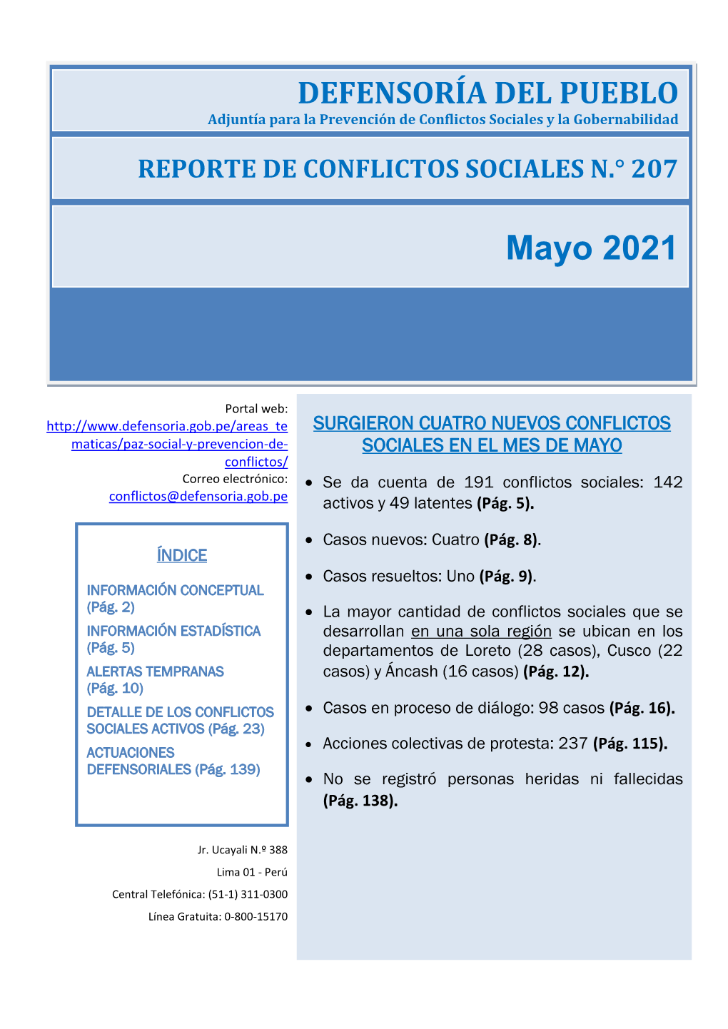 Reporte De Conflictos Sociales N.° 207 Mayo 2021