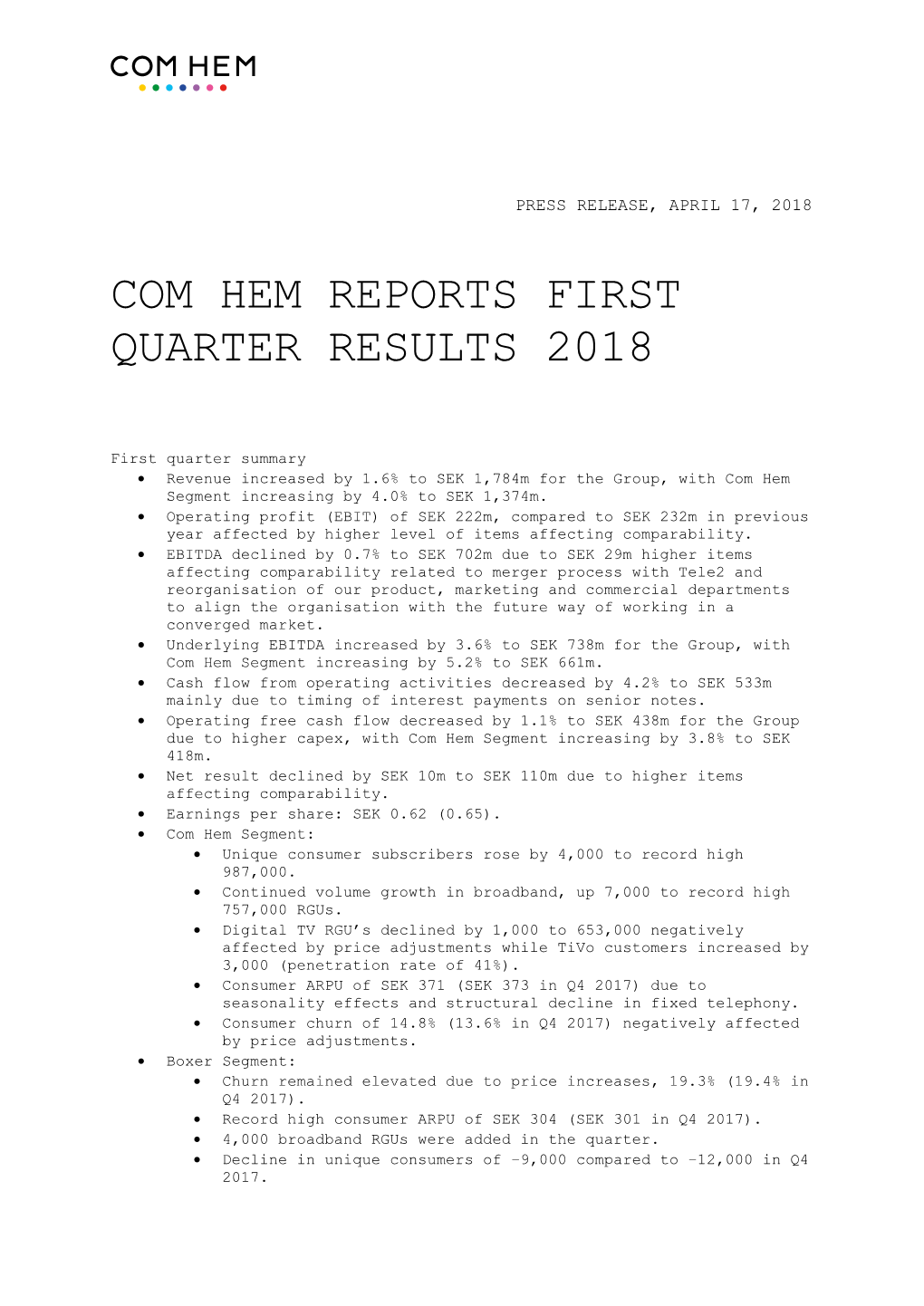 Com Hem Reports First Quarter Results 2018