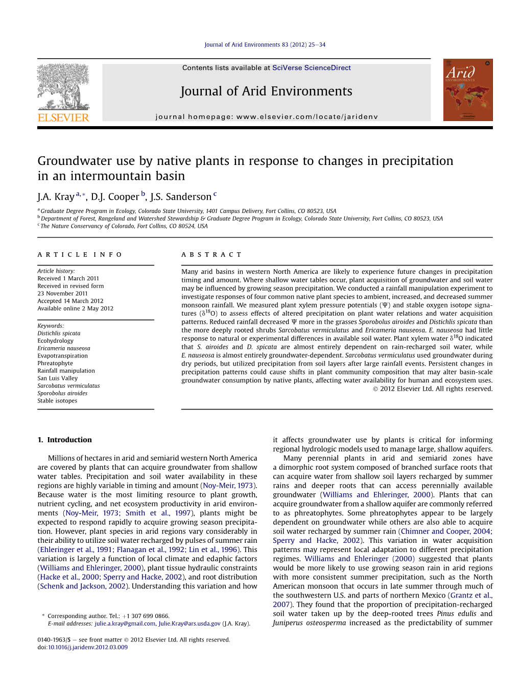 Groundwater Use by Native Plants in Response to Changes in Precipitation in an Intermountain Basin