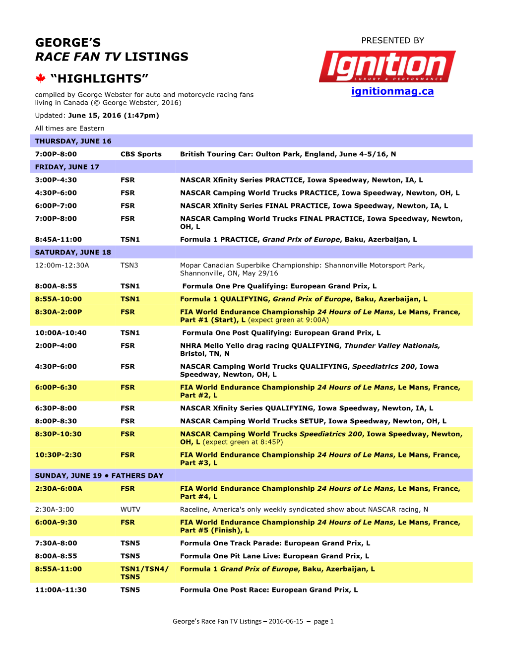 George's Race Fan Tv Listings W “Highlights”