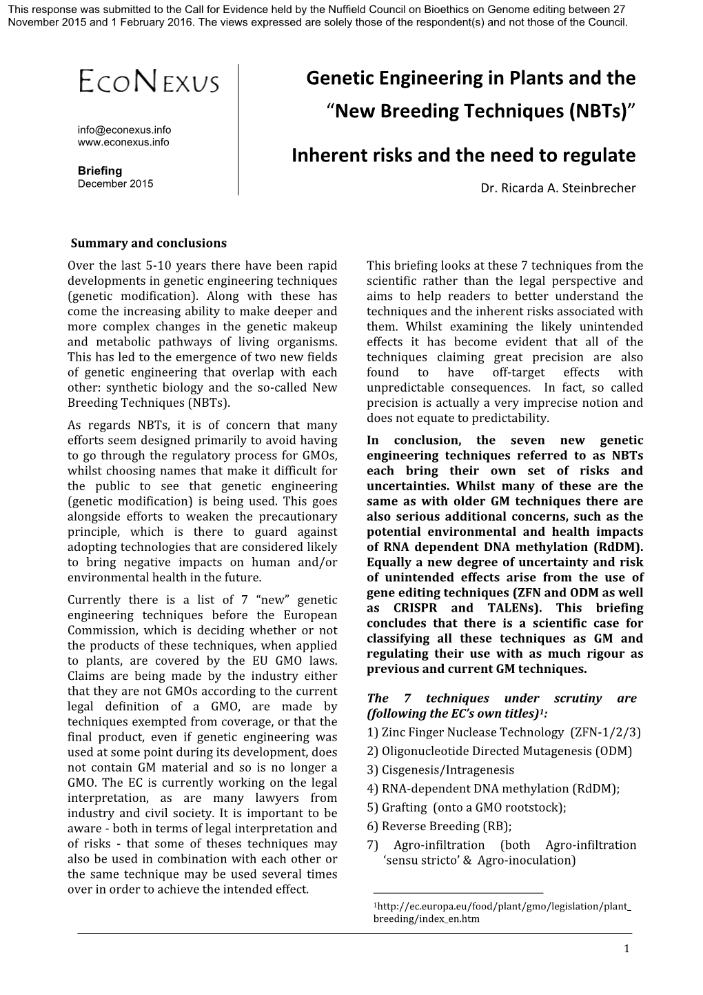 Genetic Engineering in Plants and the “New Breeding Techniques (Nbts)” I