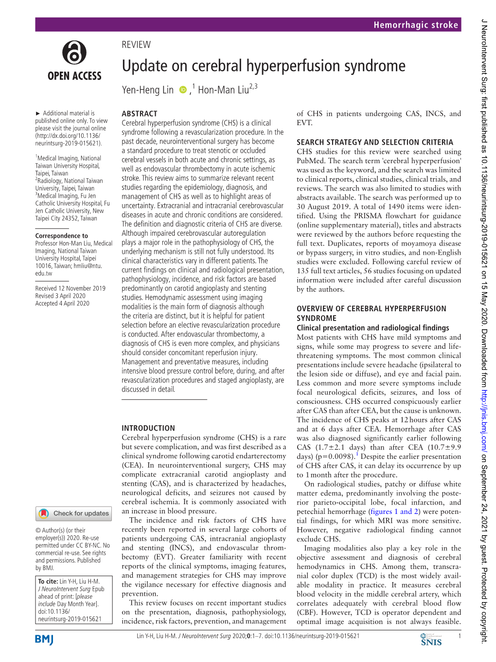 Update on Cerebral Hyperperfusion Syndrome Yen-Heng­ Lin ‍ ‍ ,1 Hon-­Man Liu2,3