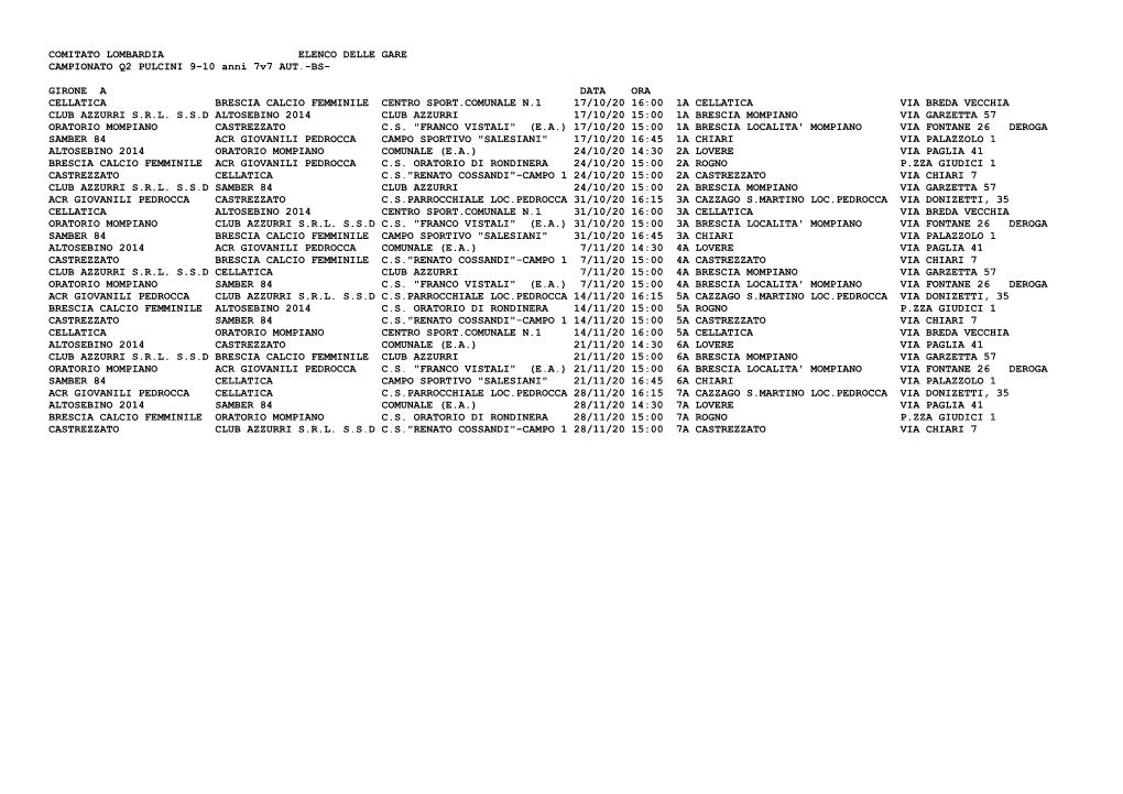 COMITATO LOMBARDIA ELENCO DELLE GARE CAMPIONATO Q2 PULCINI 9-10 Anni 7V7 AUT.-BS- GIRONE a DATA ORA CELLATICA BR