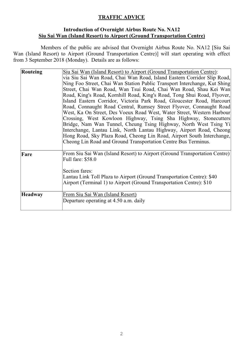 Introduction of Overnight Airbus Route No. NA12 Siu Sai Wan (Island Resort) to Airport (Ground Transportation Centre)