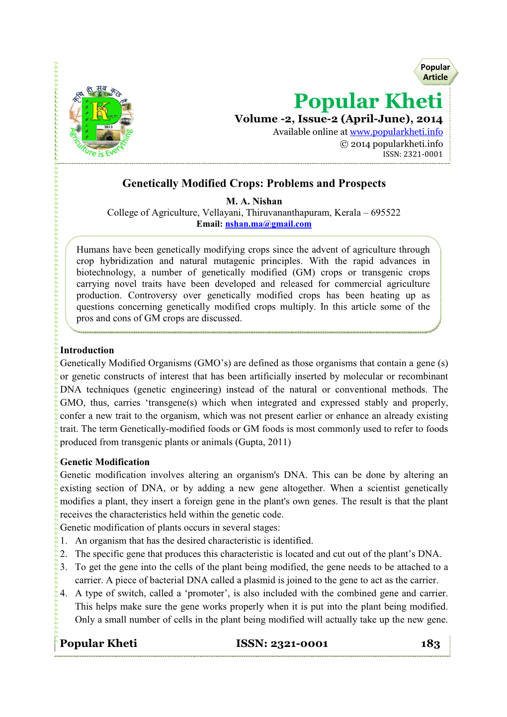 Genetically Modified Crops-Problems and Prospects