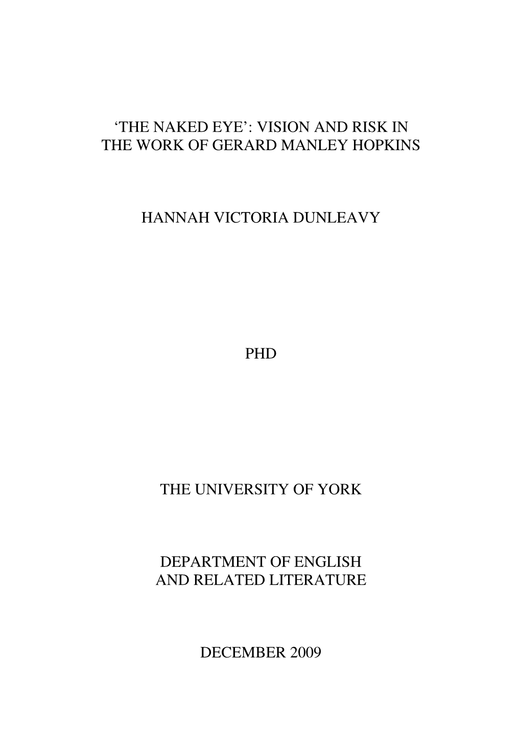 Vision and Risk in the Work of Gerard Manley Hopkins