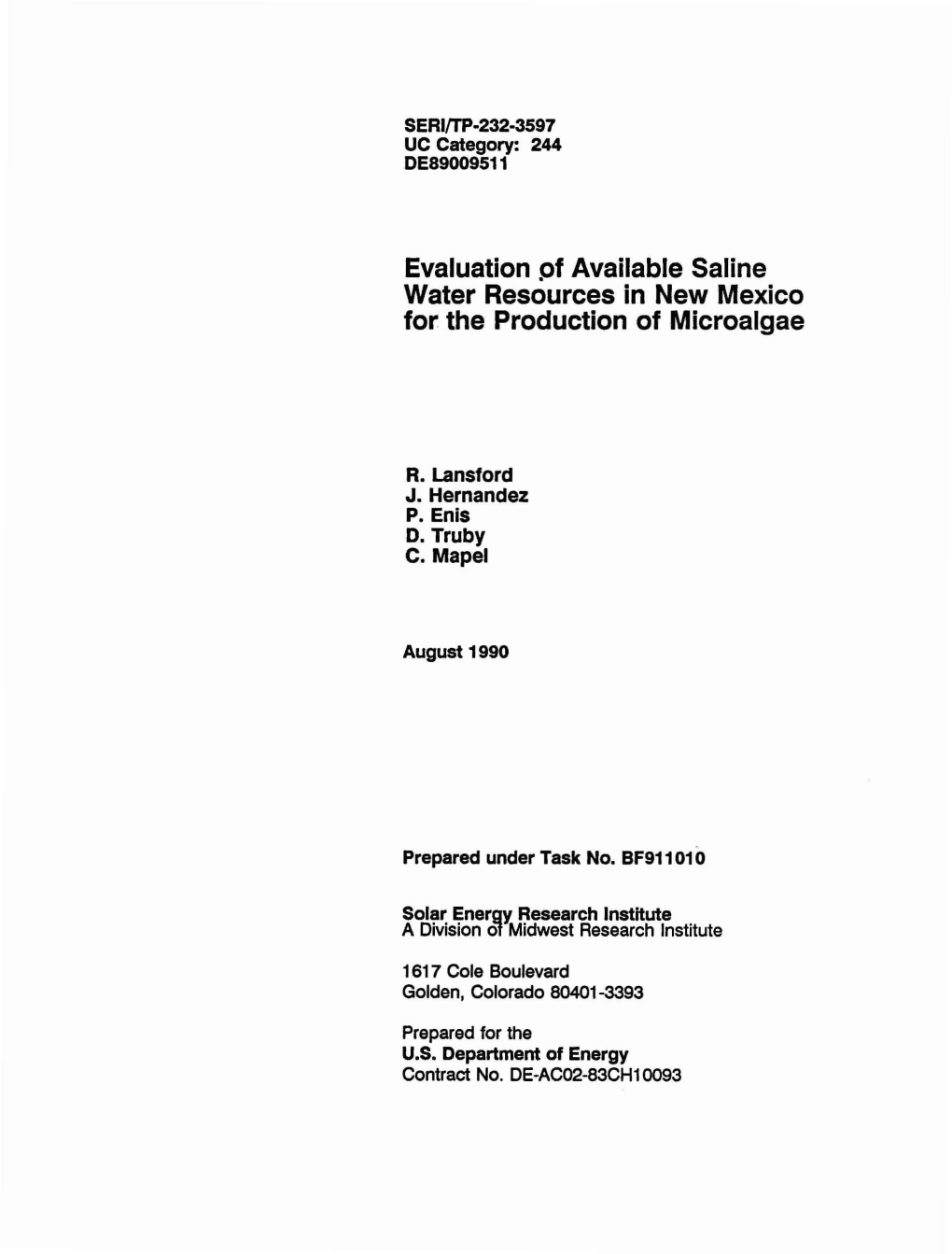 Evaluation of Available Saline Water Resources in New Mexico for The