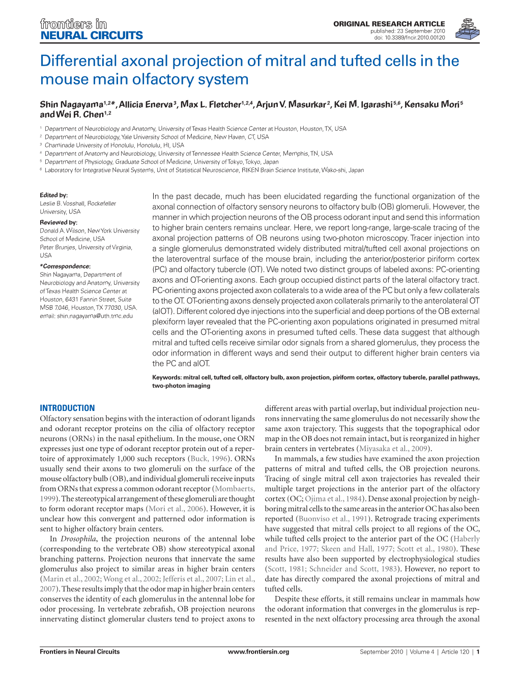 Differential Axonal Projection of Mitral and Tufted Cells in the Mouse Main Olfactory System