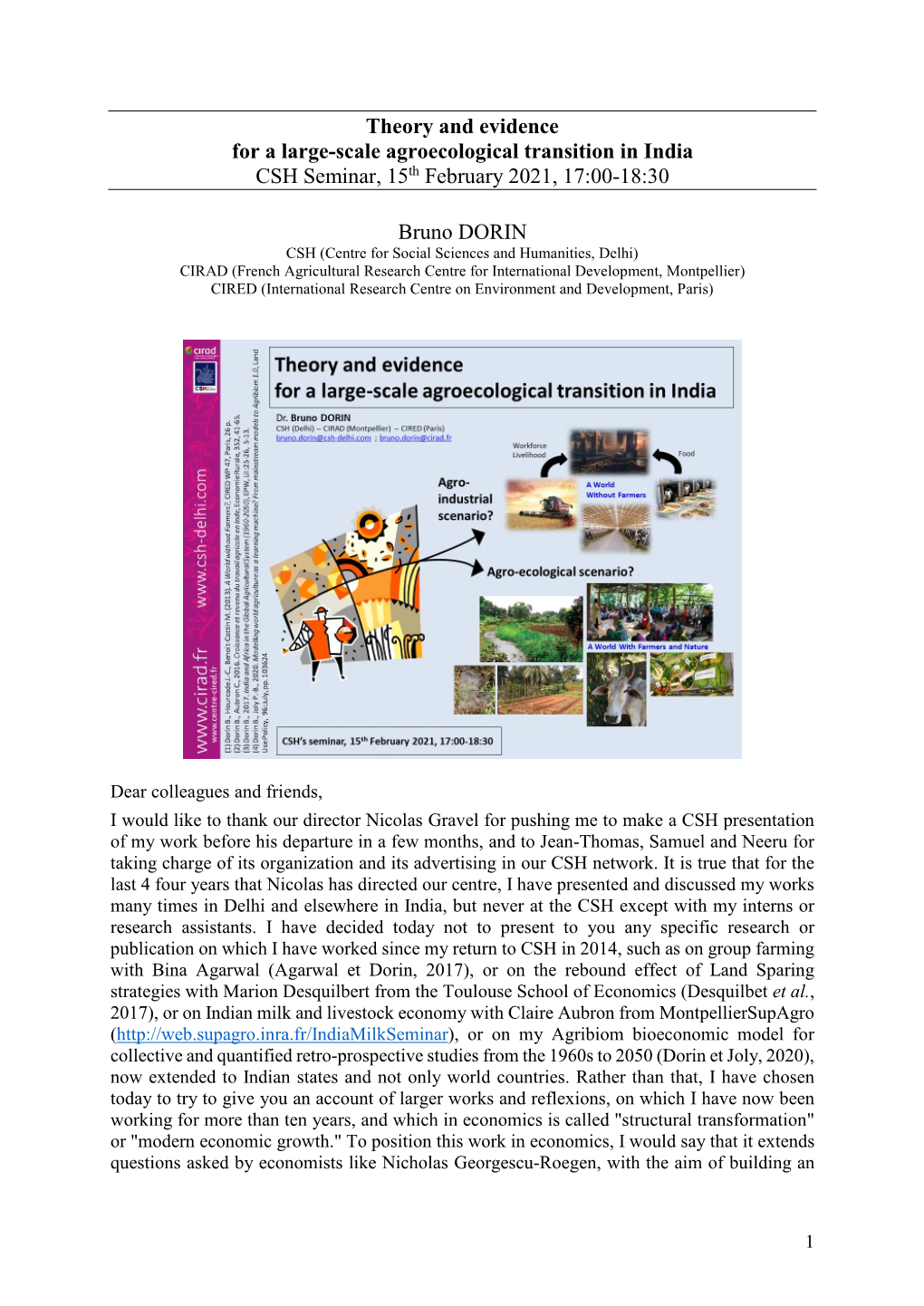 Theory and Evidence for a Large-Scale Agroecological Transition in India CSH Seminar, 15Th February 2021, 17:00-18:30